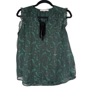 LOFT Blouse XS Green Paisley Metallic Sheer Ruffle Tie Neck Womens Top